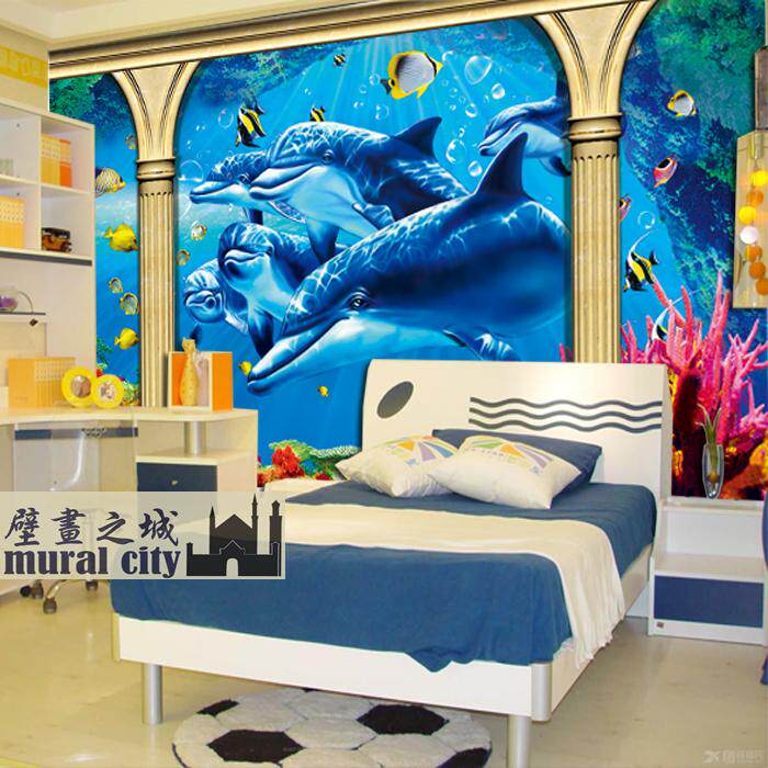 3d海豚海底世界壁纸画儿童房3d海洋大海鱼群墙纸幼儿园卧室背景墙