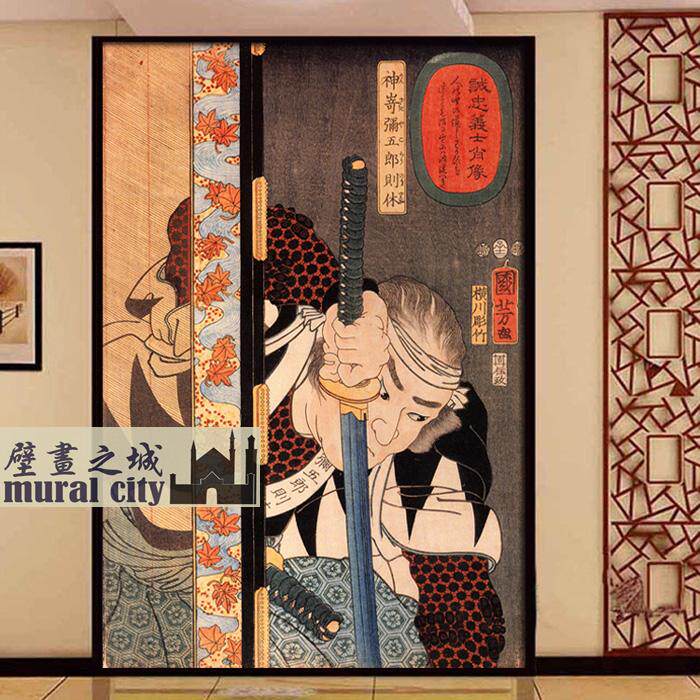 日本武士墙纸日式壁画日本带刀武士剑客传统浮世绘壁纸日料背景墙