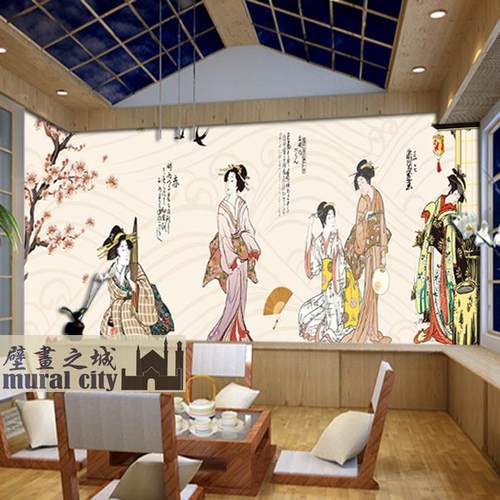 日本女人艺伎壁纸日式和风女子墙纸古典日本浮世绘风格壁画背景墙