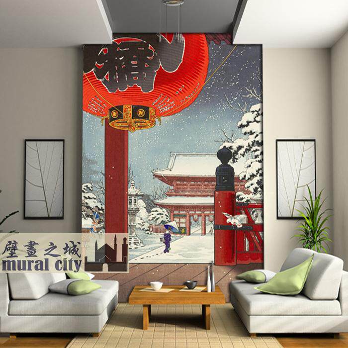 日式浮世绘墙纸日本浅草观音寺神社雪景壁纸墙布日系和风壁画背景
