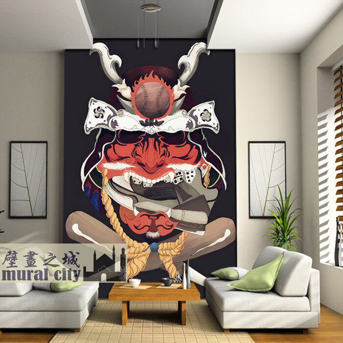 日本复古武士墙纸 日式鬼怪棒球壁纸暗黑系日本风格背景墙壁画