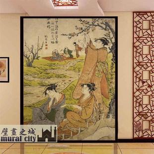 日本古代美女仕女图墙纸浮世绘日式酒店餐厅壁纸背景墙大型壁画