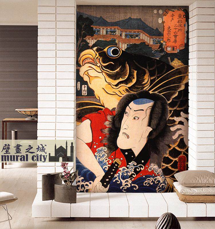日本鲤鱼武士剑客壁纸壁画日式浮世绘墙纸日本江户时代传统壁纸