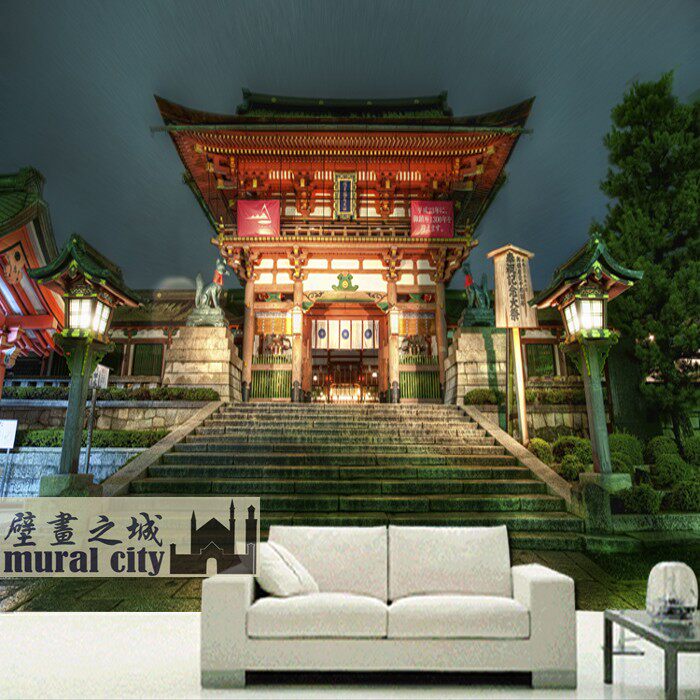 日本寺庙神社夜景壁纸日式风格建筑墙纸古代日本庙宇背景墙壁画