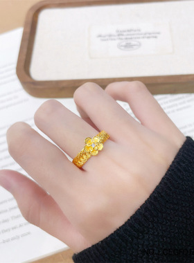 黄金戒指女复古花丝梅花足金指环重工麻花麦穗金戒送妈妈礼物