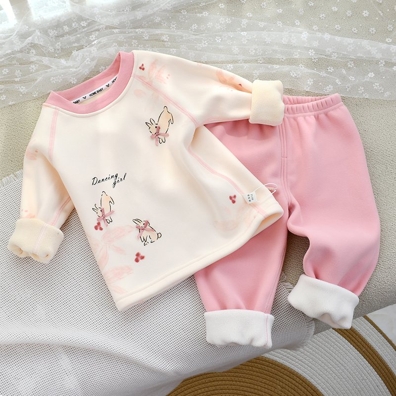 女宝宝冬季加绒套装保暖内衣一体绒加厚卫衣秋衣秋裤婴儿2件套装