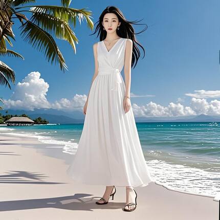 白色V领气质连衣裙新款海边高级度假夏季无袖长裙雪纺沙滩裙