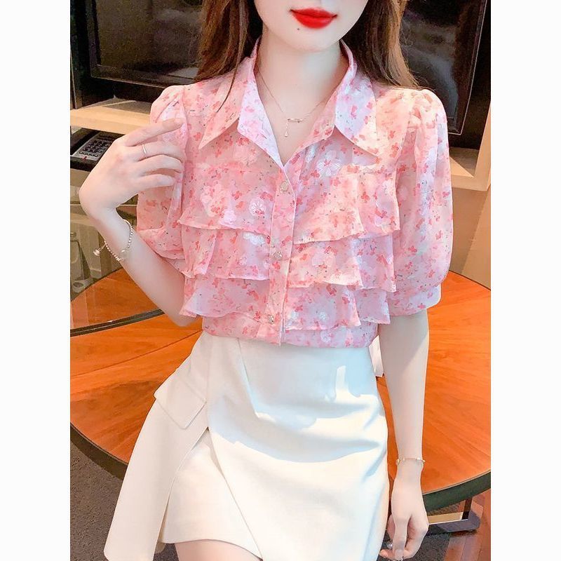 红色法式时尚漂亮碎花雪纺衬衫女士2025新款夏季薄款洋气上衣减龄