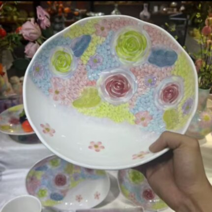 濑户烧日式釉下彩陶瓷荷花汤碗