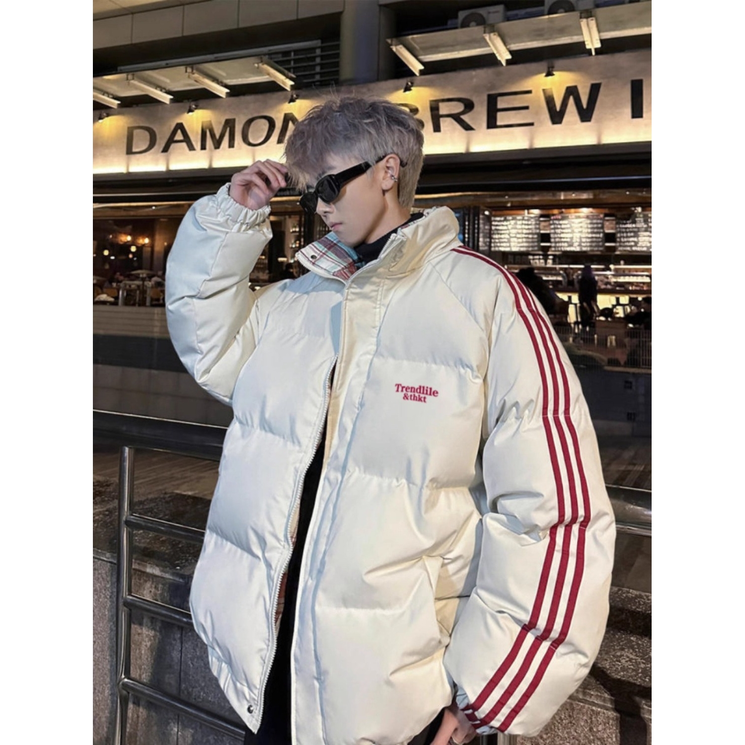 白鸭绒美式短款撞色男款冬季三条杠立领外套加厚棉袄面包90羽绒服