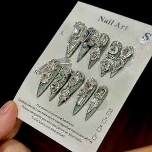 美甲纯手工穿戴甲长尖重工轻奢 绿野仙踪梦幻绿色系 森林绿