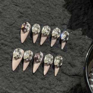 爆闪纯手工穿戴甲粉色钻球尖甲重工满钻磨砂粉橡皮粉质感 127