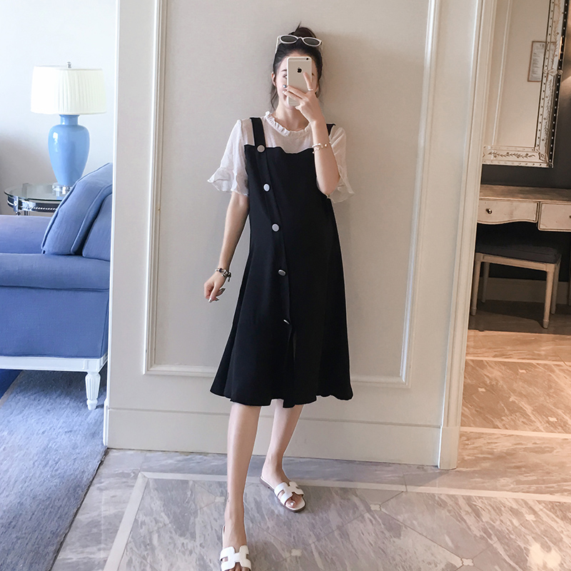 限时抢购孕妇装夏装中长款连衣裙2019新款短袖假两件孕妇裙时尚大码上衣潮