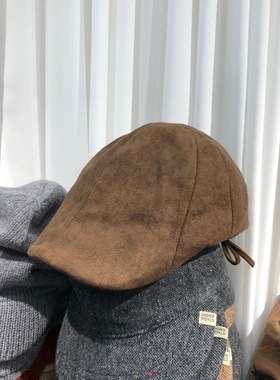 秋冬英伦复古麂皮绒显脸小帽子