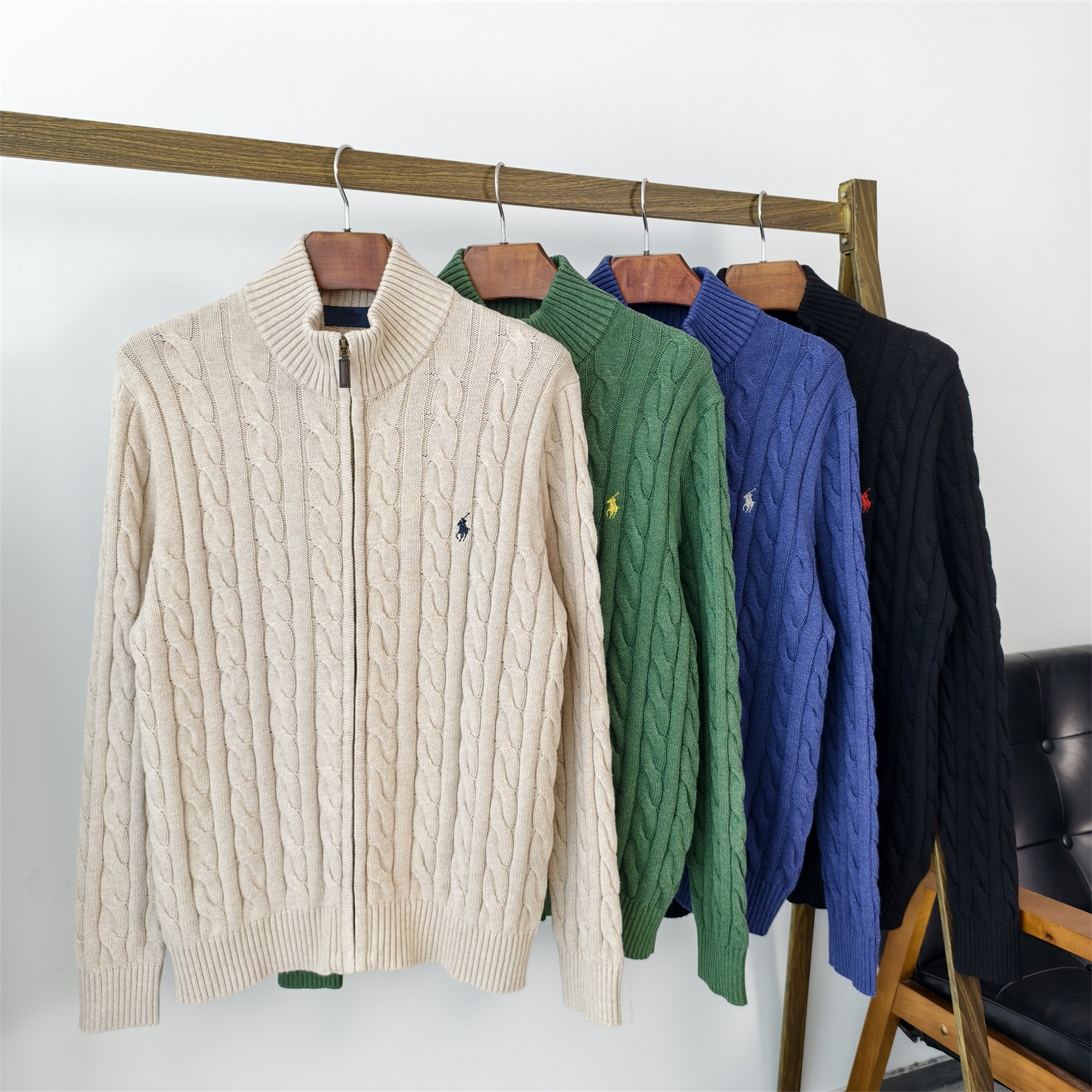 复古美式老钱风秋冬男士经典麻花绞花立领拉链针织衫开衫外套毛衣