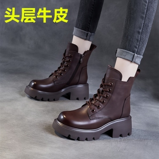 头层牛皮~高端女鞋马丁靴女英伦风秋冬复古真皮短靴厚底增高休闲