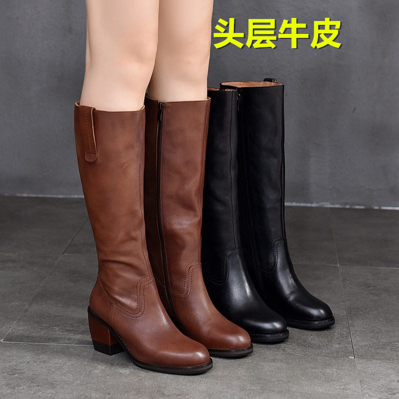 全头层牛皮~高端女鞋~高跟长筒靴粗跟骑士靴2025秋冬真皮高筒靴子,女鞋,骑士靴,淘宝优惠券,粉丝福利购,淘宝优惠卷