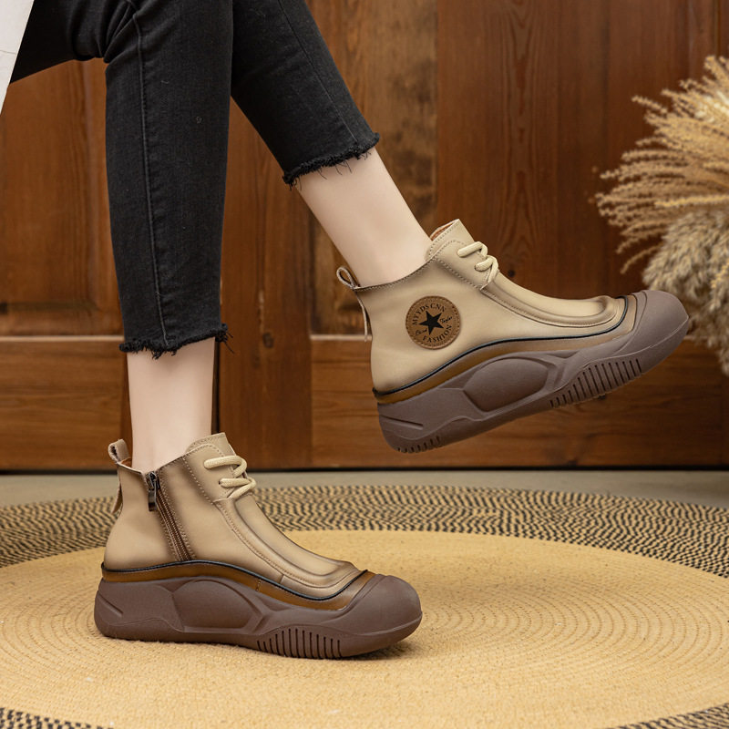 真皮松糕厚底短靴2025秋冬新款擦色复古高帮女鞋轻便软底休闲单靴,女鞋,时装靴,淘宝优惠券,粉丝福利购,淘宝优惠卷