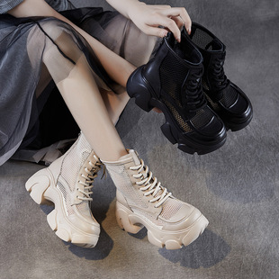 头层牛皮~春夏厚底马丁靴女真皮时尚网面白色小个子增高凉靴短靴