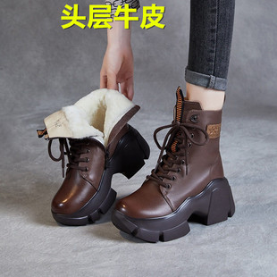 头层牛皮雪地靴冬短靴加绒加厚东北棉鞋 真皮羊毛厚底轻便马丁靴女