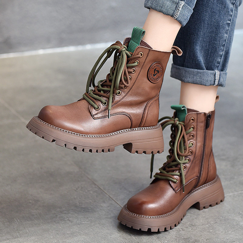 头层牛皮~英伦风机车靴圆头厚底百搭短靴女2025秋冬高帮马丁靴女