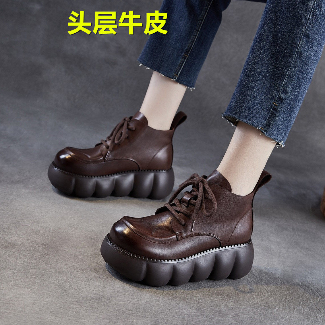 头层牛皮~高端女鞋~真皮短靴厚底松糕底轻便马丁靴单靴春秋冬季,女鞋,马丁靴,淘宝优惠券,粉丝福利购,淘宝优惠卷