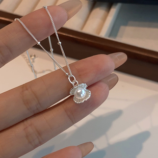925纯银贝壳珠珠项链女生时尚 简约精致锁骨链轻奢小众设计感颈链