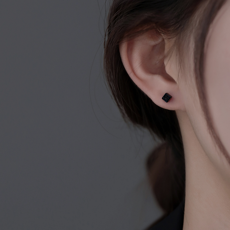 925纯银俄罗斯方块菱形黑色耳钉
