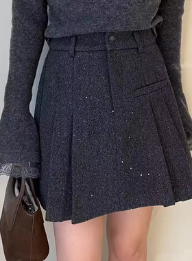 胖M加厚亮片毛呢百褶裙女大码秋冬防走光短裙显瘦遮胯灰色半身裙