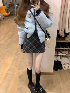 大码格子短裙女秋冬加厚毛呢复古包臀裙冬天小个子a字格纹半身裙