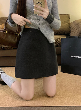 韩系高腰毛呢半身裙女秋冬大码防走光A字裙灰色显瘦百搭小短裙胖M