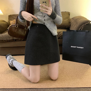 韩系高腰毛呢半身裙女秋冬大码 防走光A字裙灰色显瘦百搭小短裙胖M