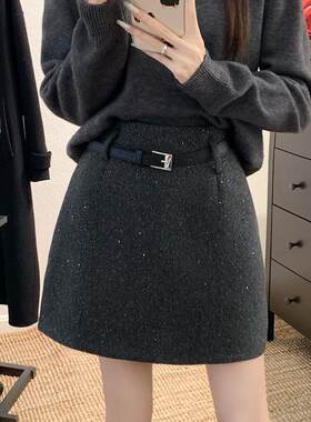高腰过膝a字毛呢显瘦灰色半身裙