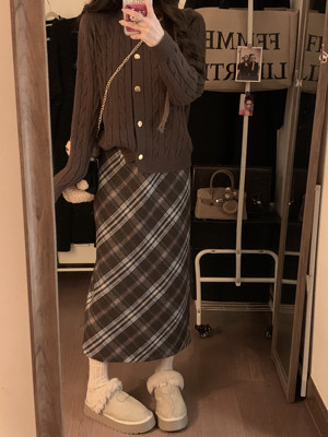 大码格子a字毛呢小个子长裙子