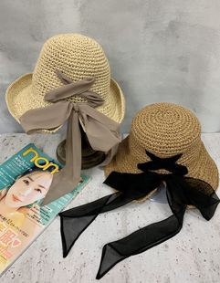 出口日本春夏大人儿童亲子可折叠客供织带蝴蝶结头围可调遮阳草帽