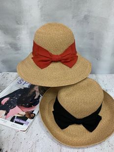 出口新款 日本进口细致材料女士蝴蝶结防晒遮阳大帽檐草帽头围可调