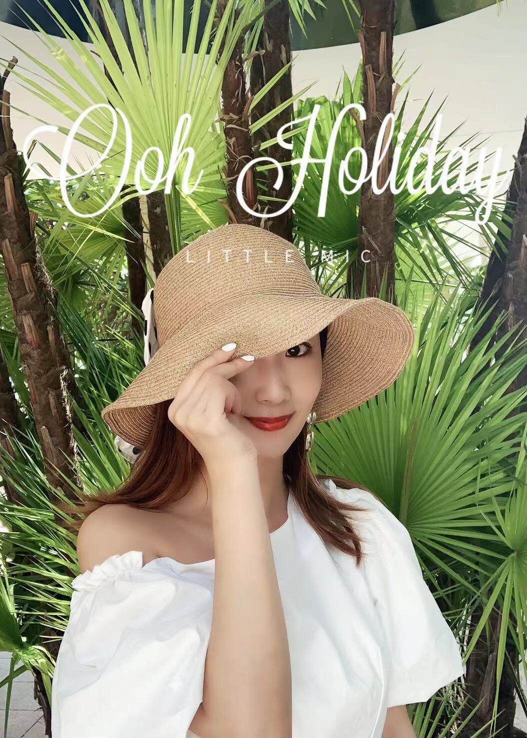 出口日本进口细致材料女士春夏波点蝴蝶结优雅防晒遮阳大帽檐草帽