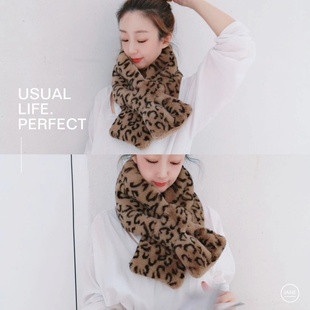 出口日本女士秋冬时尚 拼接日系网红人造毛豹纹仿皮草保暖围巾围脖