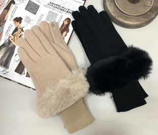 出口新款 日本高品质女士秋冬羊毛仿毛拼接手机触屏中长保暖手套