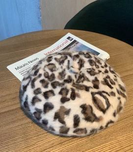 出口日本新品 高品质秋冬气质女士豹纹性感兔毛小众贝雷帽 时尚