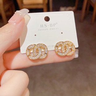 新品 小香风气质圆形相扣耳钉s925银针优雅级感甜美百搭耳环女 韩式