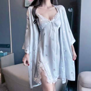 睡裙女2026年新款夏季蝴蝶印花烫银吊带裙子睡衣带胸垫连衣裙套装