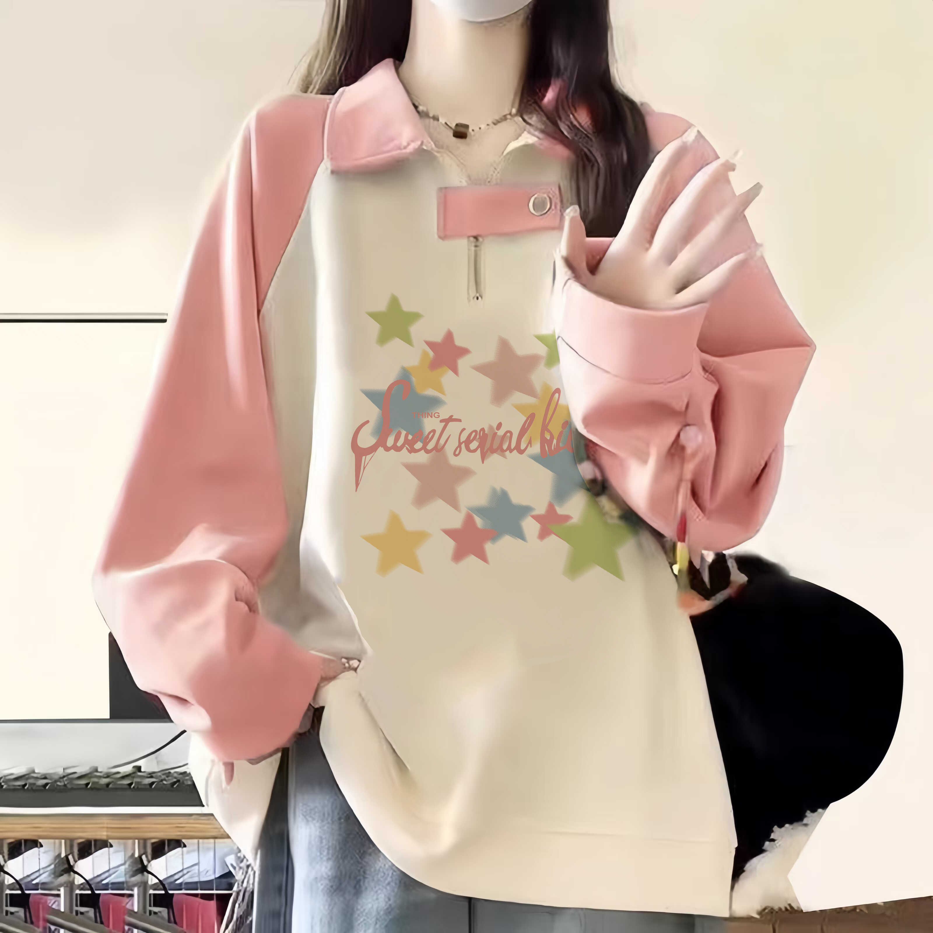 加厚加绒银狐绒套头半拉链卫衣女