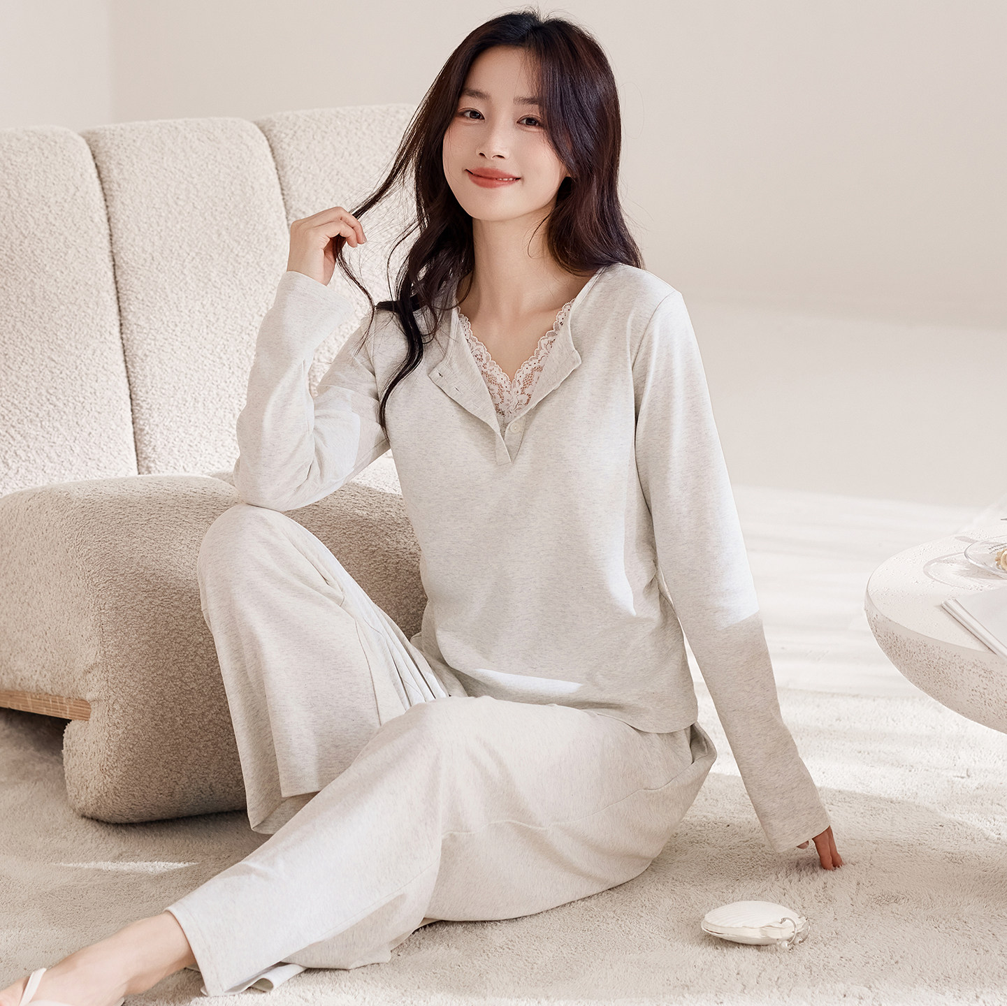 2026新款春秋长袖长裤甜美蕾丝花边带胸垫居家服可外穿两件套装女,女装/女士精品,大码套装,淘宝优惠券,粉丝福利购,淘宝优惠卷