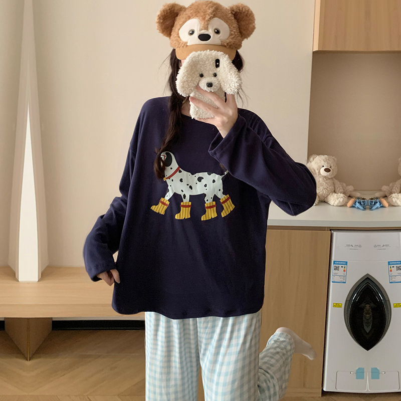 德绒插肩套头可爱卡通印花套装女
