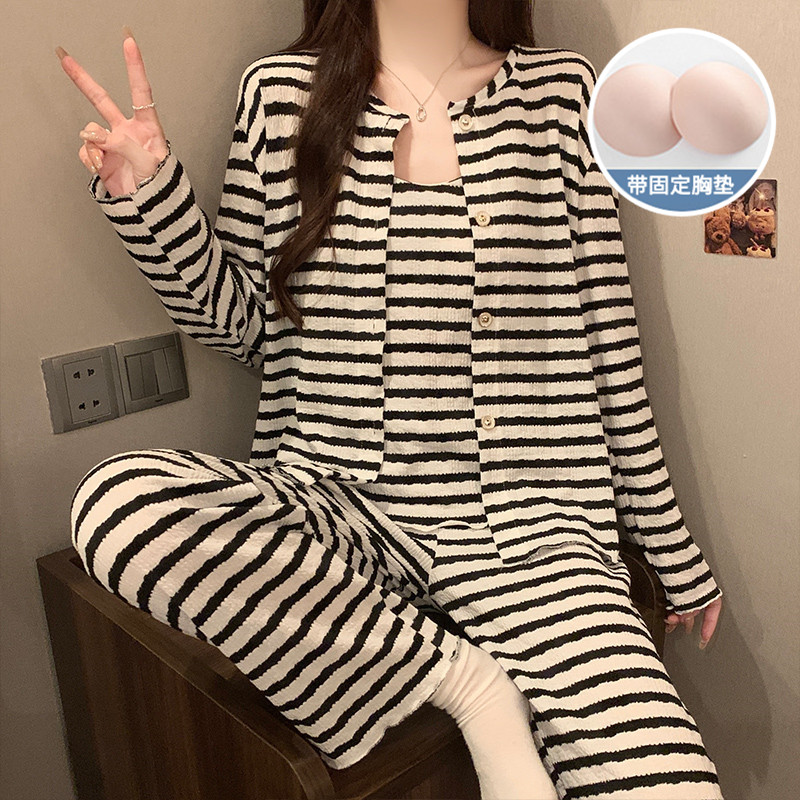 春秋季长袖长裤吊带睡衣女三件套