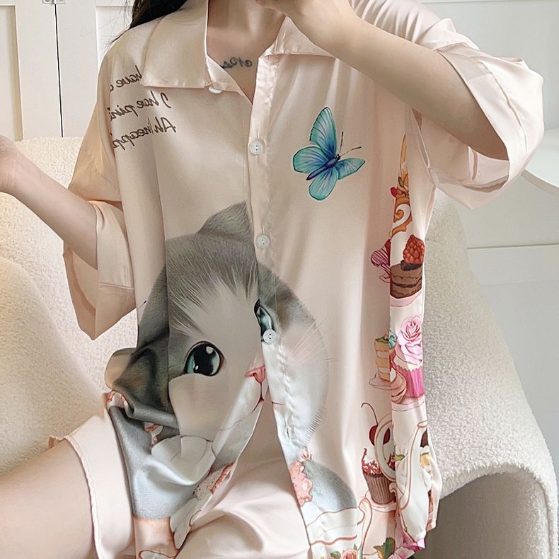 高级感冰雪丝套装女夏季新款款短袖短裤卡通印花仿真丝绸两件套装