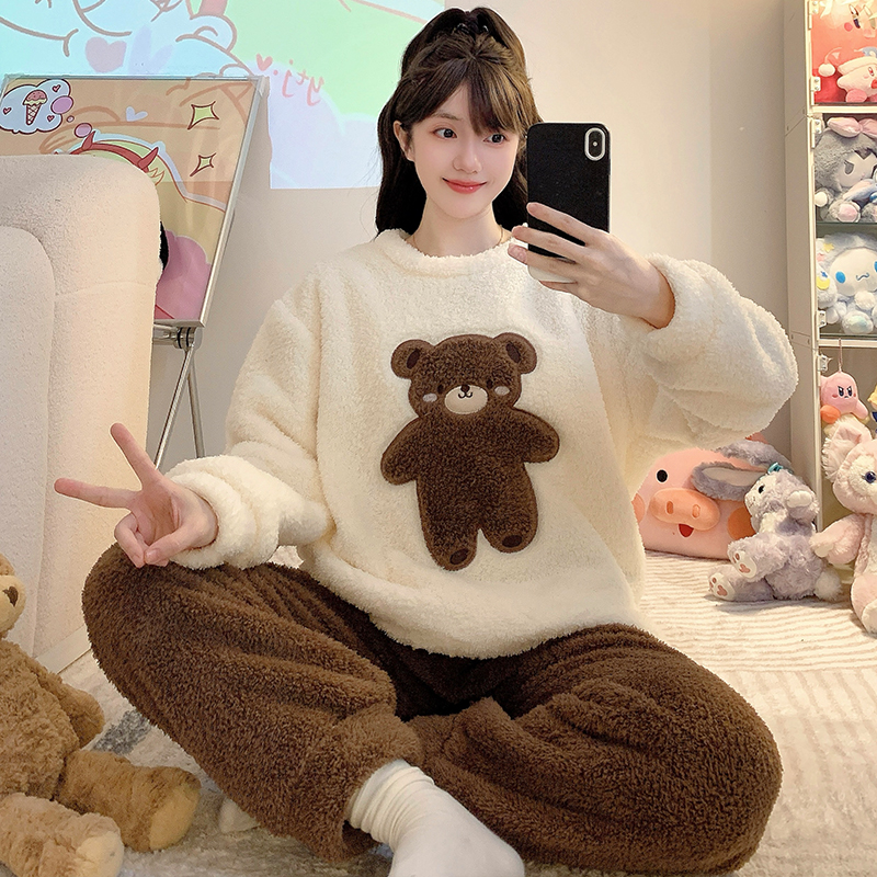 睡衣女秋冬季新款半边绒大码套装