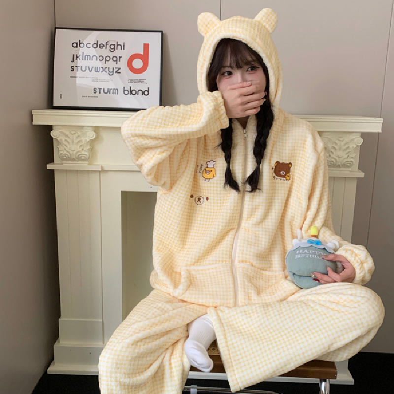 珊瑚绒睡衣女秋冬加绒家居服套装