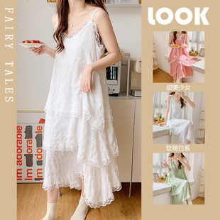 夏季款白色吊带裙a字中长款温柔风公主风小个子蓬蓬蛋糕连衣裙女